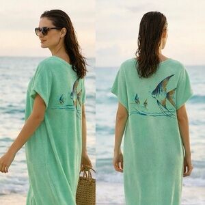 🌊 Vintage 80s Terry Cloth Mint Green Beach Maxi Cover-Up Tropical Fish Print L